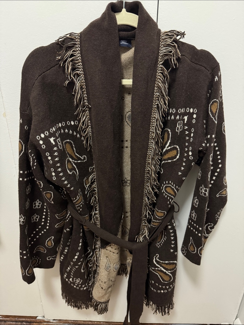 GAP Brown Fringe-Belted Knit Cardigan with Paisley Motif